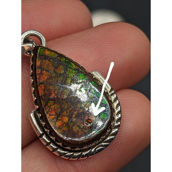 Colorful Ammolite Fossil Dragon Scale Teardrop Sterling Silver Pendant *Read* - Picture 5 of 14